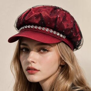 Red or Black Rhinestone Mesh Newsboy Cap - Women Accessories